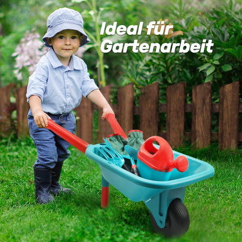 Kruiwagen - Kruiwagen voor Kinderen - Tuinset - met Gieter - Handschoenen - Handhark - Schep - Troffel - Schort - Binnen - Buiten - Speelgoed - voor Jongens - Meisjes - Kunststof - 65 x 24.8 x 35 cm - Turquoise