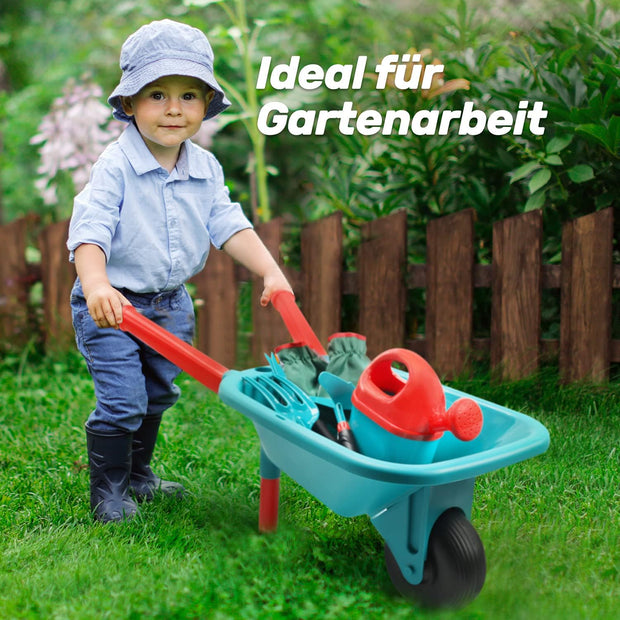 Kruiwagen - Kruiwagen voor Kinderen - Tuinset - met Gieter - Handschoenen - Handhark - Schep - Troffel - Schort - Binnen - Buiten - Speelgoed - voor Jongens - Meisjes - Kunststof - 65 x 24.8 x 35 cm - Turquoise