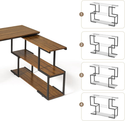 Mondeer L-vormig computerbureau, hoekbureau, 360° draaibare planken en verstelbare opbergplanken, ruimtebesparend voor thuiskantoor, studio-werkstation, rustiek bruin en zwart