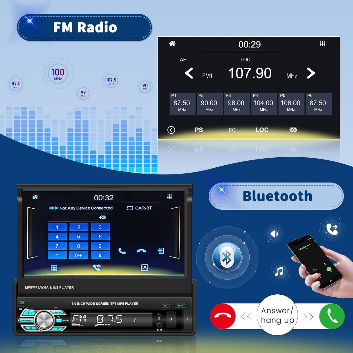 Hikity 1 DIN autoradio Bluetooth met CarPlay en Android-auto, 7 Inch Handmatig Uitschuifbaar Display, Touchscreen Autoradio met achteruitrijcamera, BT, FM, USB, TFM, AUX, Mirror Link