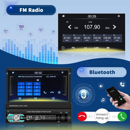 Hikity 1 DIN autoradio Bluetooth met CarPlay en Android-auto, 7 Inch Handmatig Uitschuifbaar Display, Touchscreen Autoradio met achteruitrijcamera, BT, FM, USB, TFM, AUX, Mirror Link