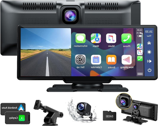 Wireless Apple Carplay & Android Car Stereo, 9.26" Portable Car Radio with 2K Dash Cam Front, 1080P Rear View Camera, Navigation Devices with Siri/Bluetooth/GPS/Google/FM/AUX/Mirror Link/64G TF - QUORE
