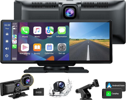 Draadloze Apple Carplay & Android Auto Stereo, 9.26" Draagbare Autoradio met 2K Dash Cam Voorkant, 1080P Achteruitrijcamera, Navigatie Apparaten met Siri/Bluetooth/GPS/Google/FM/AUX/Mirror-Link/64G TF