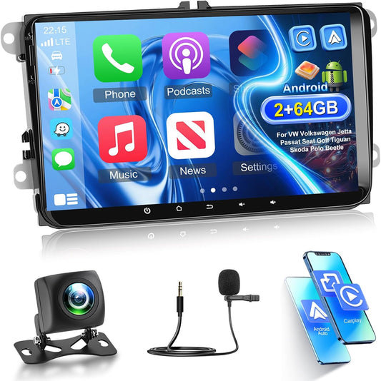 Car Radio for VW Volkswagen Jetta Passat Seat Golf Tiguan Skoda Polo, [2G+64G] 9 Inch Touchscreen Wireless Carplay & Android Auto Car Stereo with Bluetooth/EQ/GPS/WiFi/FM RDS Radio