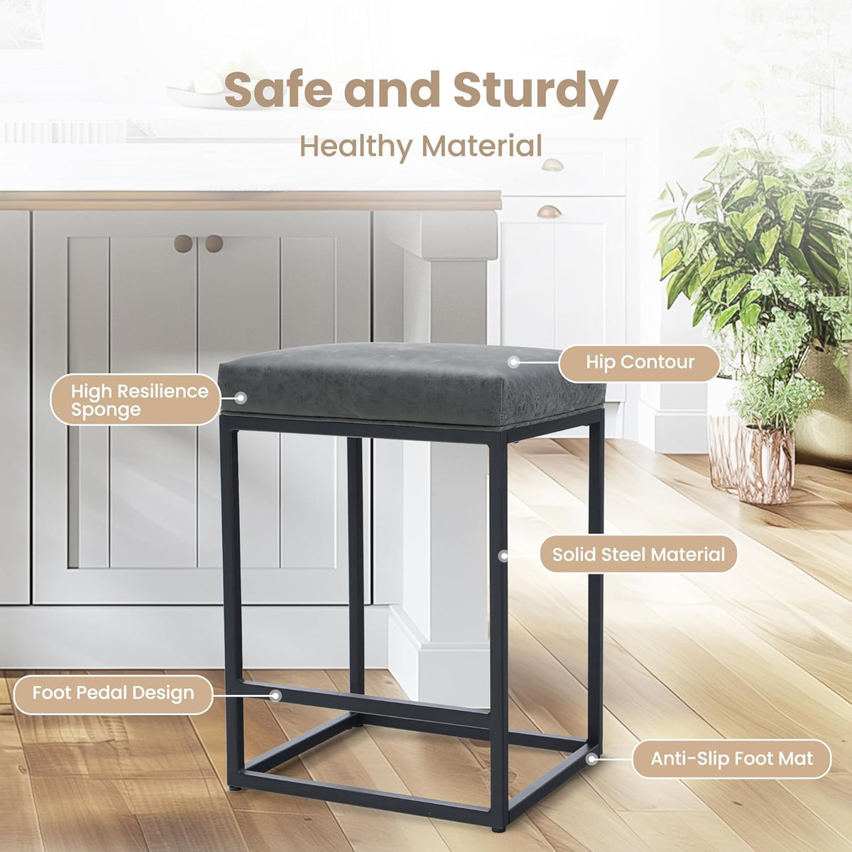 ALPHA HOME 2 Bar Stools with Footrest Kitchen Chairs PU Leather Backless Stool Bar Stool Bistro Stool for Indoor Outdoor Dining Home Bar Coffee Chairs (Grey)
