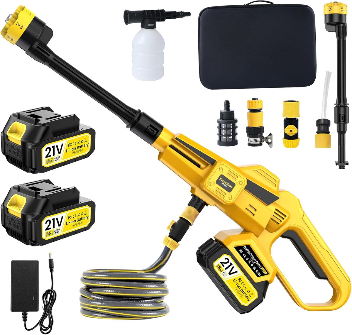 Draadloze Hogedrukreiniger – Accu Hogedrukspuit – Mobiele Waterpistool – Elektrische Spuit – Tuinreiniger – 45 BAR Krachtige Borstelloze Motor – 2x 21V 4000mAh Lithium-ion Accu’s