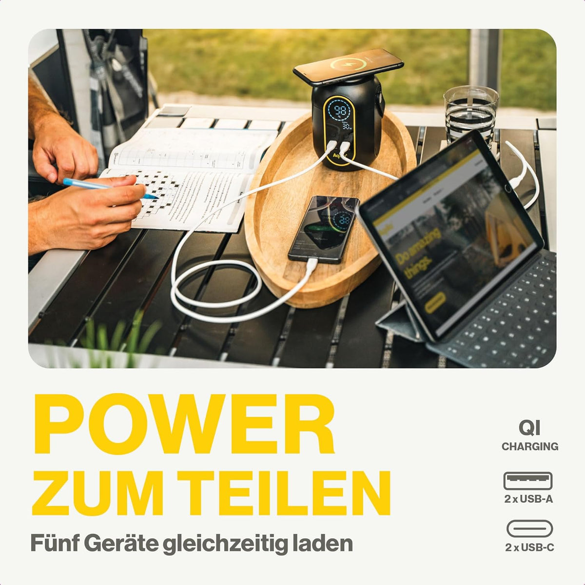 PowerStation 200 Wh, 140 W, 54000 mAh Power Station, 2 x USB-C, 2 x USB-A, Portable Power Station, Wireless Charging, LED Light 120 Lumens, LCD Display, Powerbird S140, Black - QUORE