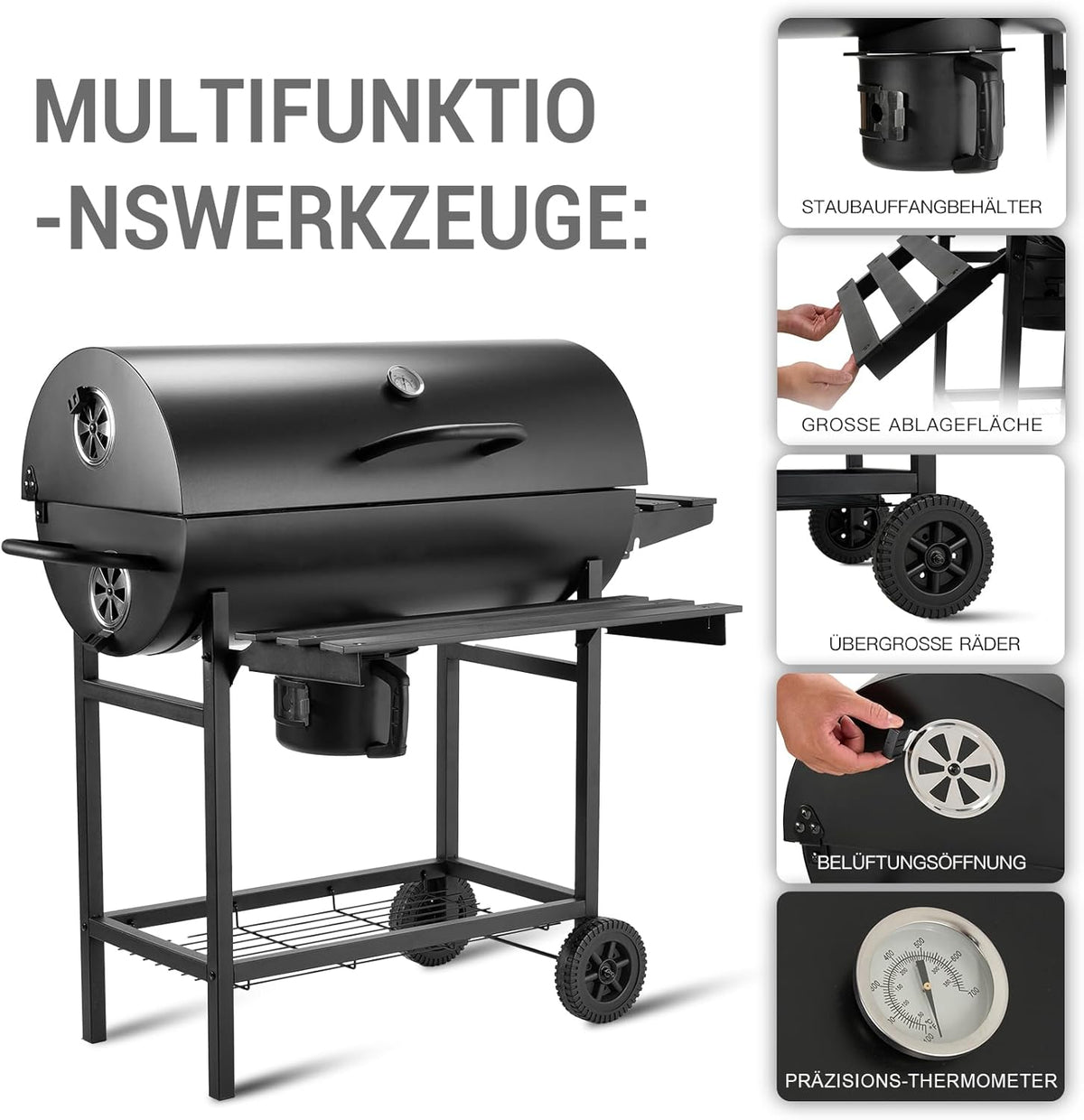 TEENO grill houtskoolgrill, met XXL-grillrooster, brandwondbestendige handschoen, thermometer, aslade, verstelbare bodem, grote houtskoolgrill (Basic)
