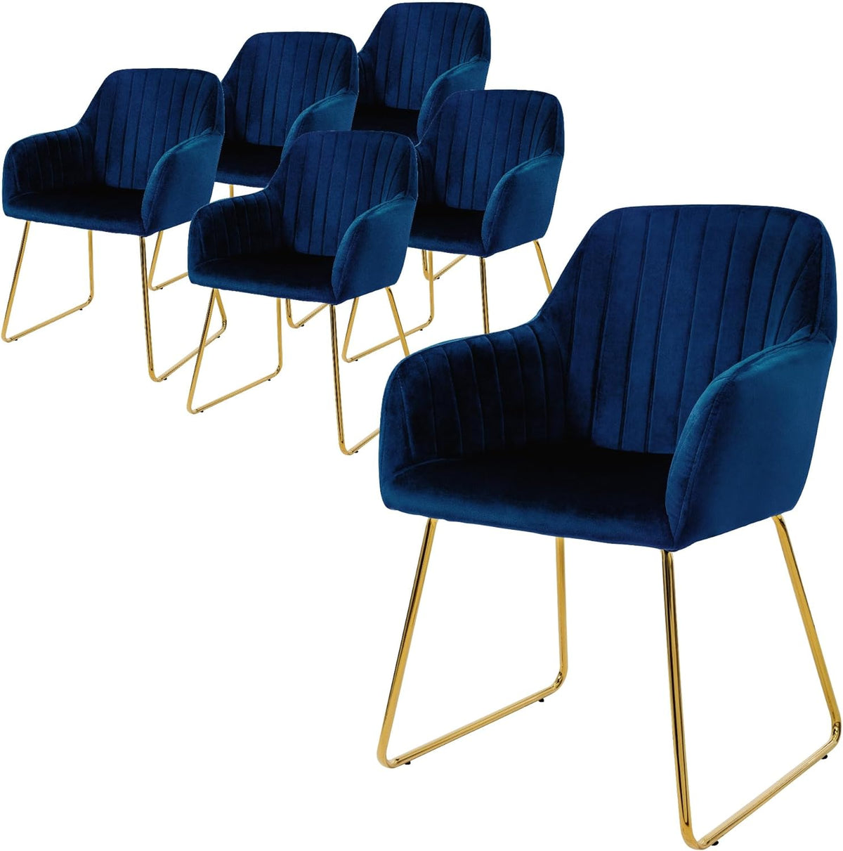 Eetkamerstoel – Keukenstoel – Woonkamerstoel – Stoel – Kuipstoel – Fluwelen Bekleding Blauw – Goudkleurig Metalen Frame – Ergonomische Rugleuning en Armleuningen