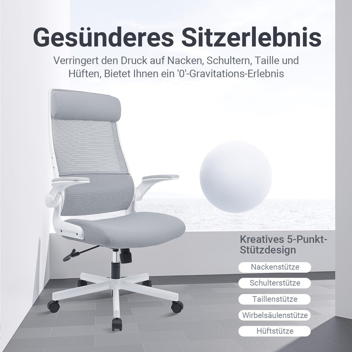 Bureaustoel – Ergonomische Stoel – Werkstoel – Managersstoel – Computerdraaistoel – Verstelbare Hoofdsteun – Mesh Rugleuning – Inklapbare Armleuningen – Lendensteun – Kantelfunctie – EN 1335 Norm