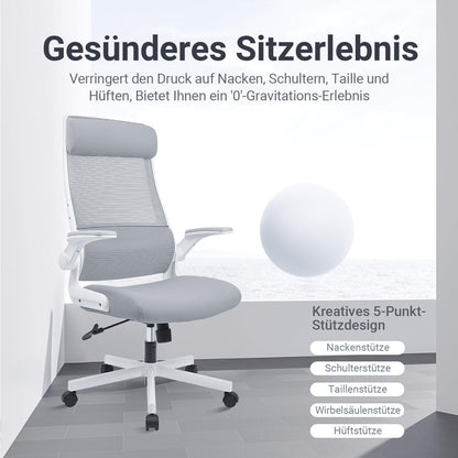Bureaustoel – Ergonomische Stoel – Werkstoel – Managersstoel – Computerdraaistoel – Verstelbare Hoofdsteun – Mesh Rugleuning – Inklapbare Armleuningen – Lendensteun – Kantelfunctie – EN 1335 Norm
