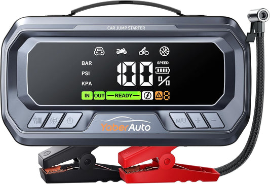 YaberAuto 10-in-1 booster auto accu 7000 A, PD 65 W, compressor 160 psi, 26800 mAh, 600 lm LED, groot scherm starter batterij, met jump starter verlengde kabel voor (alle gas of 12 l diesel)