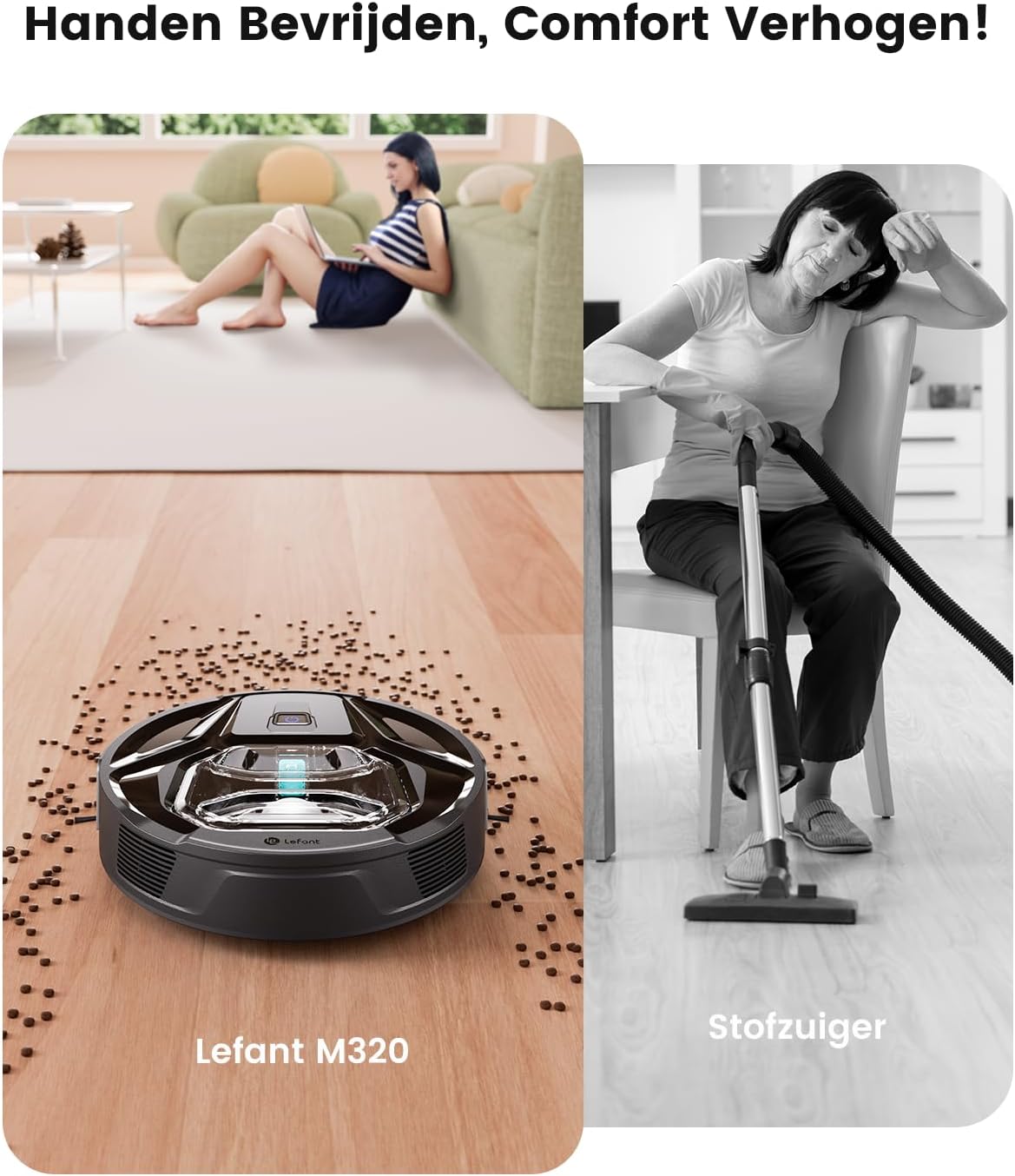 Lefant Robotstofzuiger M320, 6000 Pa Zuigkracht, Borstelvrij Ontwerp voor Dierenhaar, PSD Obstakelvermijding, Ultrasone Tapijtdetectie, 3-in-1 Stofzuigen en Dweilen, App- en Spraakbediening