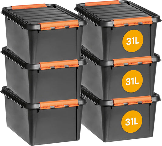 SmartStore Heavy Duty Opbergdozen met Deksels 31 L Set van 6 - Nestbare & Stapelbare Schokbestendige Gereedschapskistenset - BPA-vrije voedselopslagcontainers - Plastic Opbergdoos met Deksel