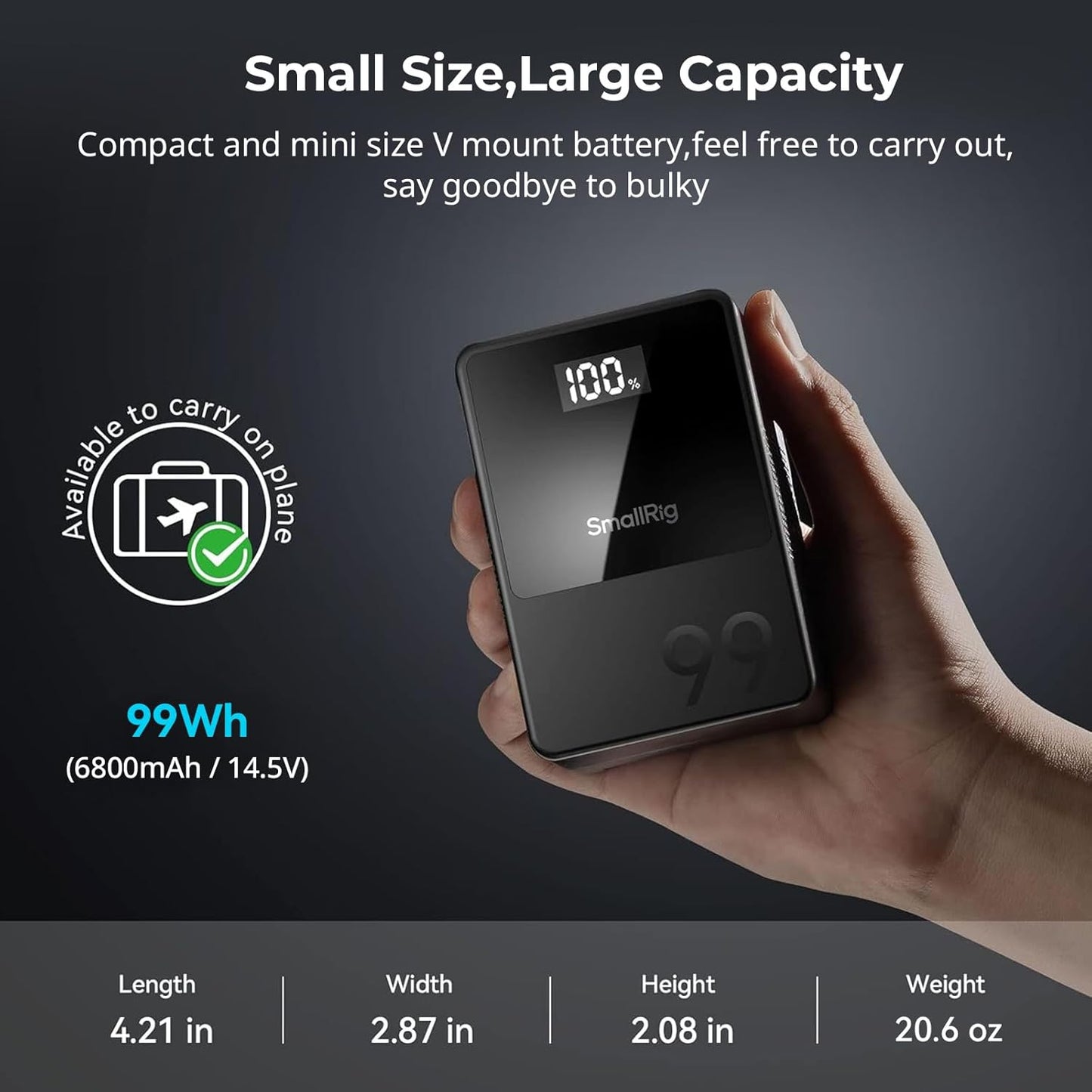 SMALLRIG V Mount Batterij VB99, 99Wh / 6800mAh V-Mount Batterij met PD 100W USB-C Snelladen, met D-TAP, USB-A, Dubbele DC Poort, OLED Scherm, voor Camera, Camcorder, Monitor, Videolamp, Zwart - 3580B