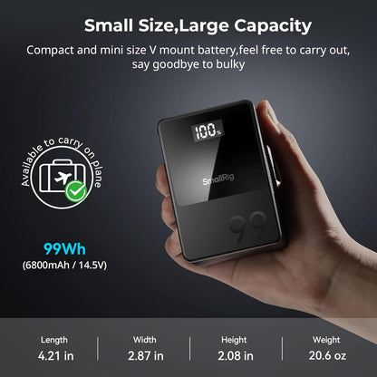 SMALLRIG V Mount Batterij VB99, 99Wh / 6800mAh V-Mount Batterij met PD 100W USB-C Snelladen, met D-TAP, USB-A, Dubbele DC Poort, OLED Scherm, voor Camera, Camcorder, Monitor, Videolamp, Zwart - 3580B