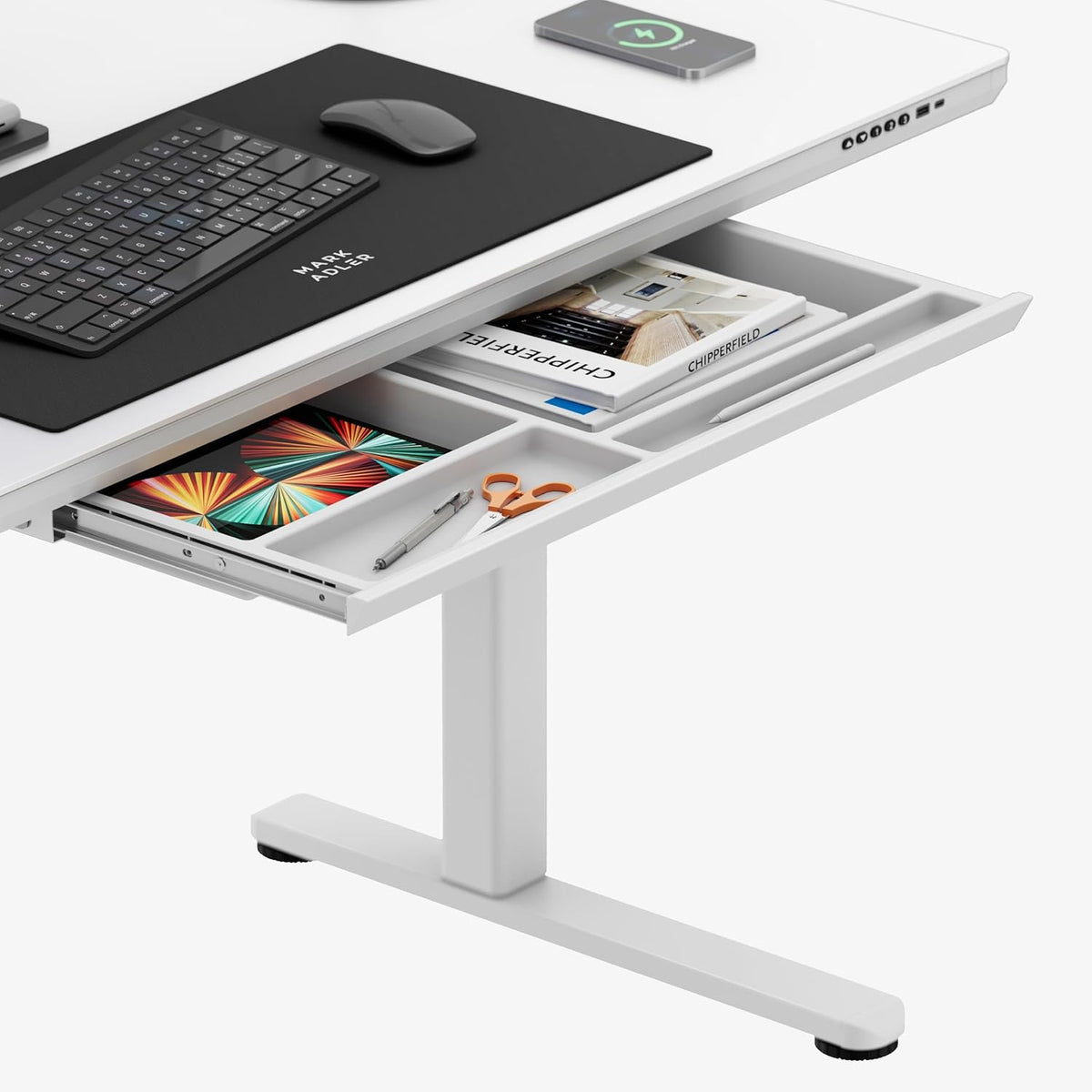 MARK ADLER Leader 8.5 | Electric Desk Height Adjustable | Matte Glass Plate | USB-C & Wireless Charging Function | Memory Function | Drawer | 120 x 60 cm | White - QUORE
