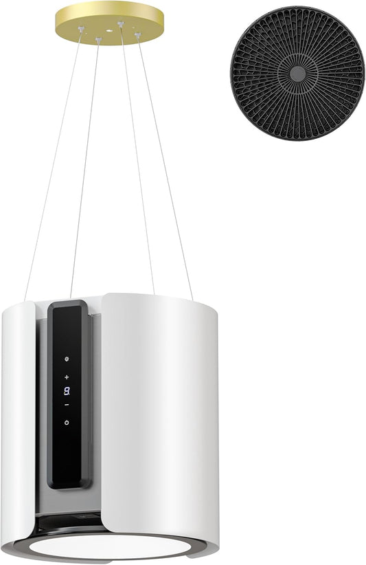 FIREGAS Afzuigkap, eilandkap, vrijhangend, 480 m³/uur luchtstroom, afvoerlucht/circulatielucht, afzuigkap voor plafondmontage, afzuigkap met 9 standen, timer, actieve koolfilter, wit - QUORE