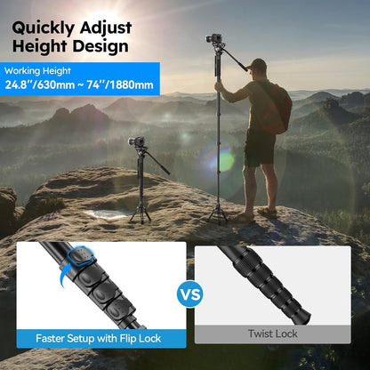 Camera monopod met voeten voor DSLR en camcorder – Monopod – Videomonopod – Reismonopod – Statiefbasis – Fluid head met 360° pan en -60°/+90° tilt – Aluminiumlegering, max. 188 cm en 8 kg