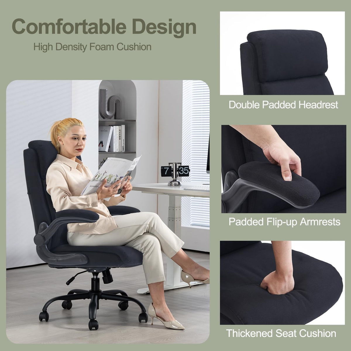 CASTLOVE Stoffen Bureaustoel Ergonomische Computer Bureaustoel Draaibare Brede Executive Office Chair met Opklapbare Armsteun voor Kantoor Thuis (Zwart)