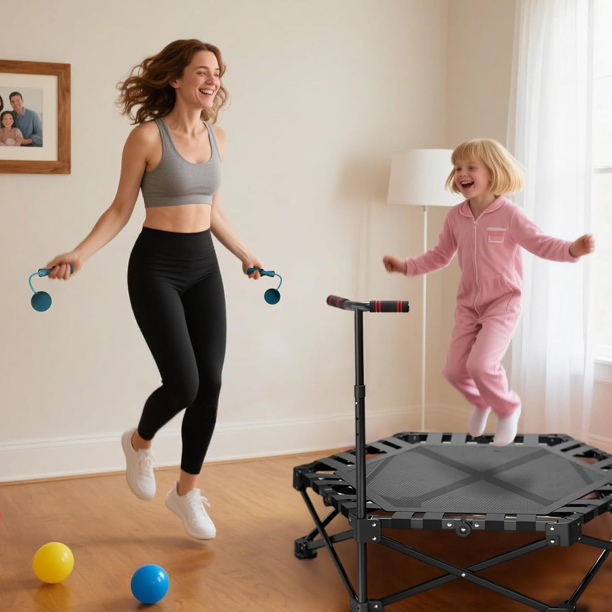 42" Fitness Trampoline met verstelbare handgreep One-Click Folding & Geen Montage Mini Trampoline Rebounder voor Volwassenen Binnen & Outdoor Max Belasting 300 KG