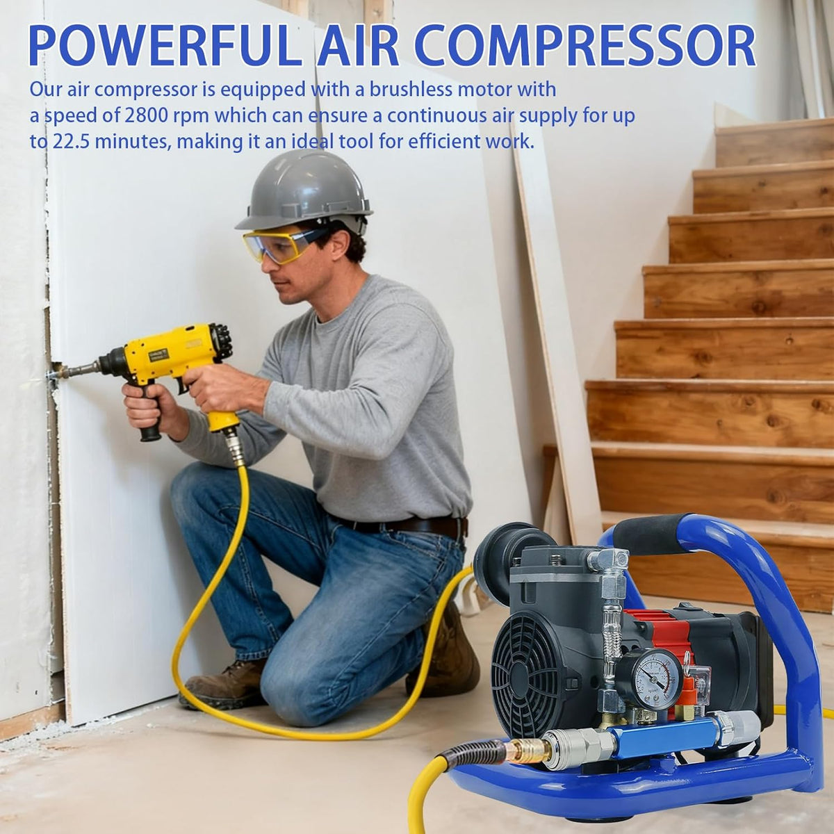 Accucompressor – Persluchtcompressor – Draagbare Luchtcompressor – Mini Compressor – 7 Bar Werkdruk – 1,5 Liter Tank – Draadloos – Stil in Gebruik
