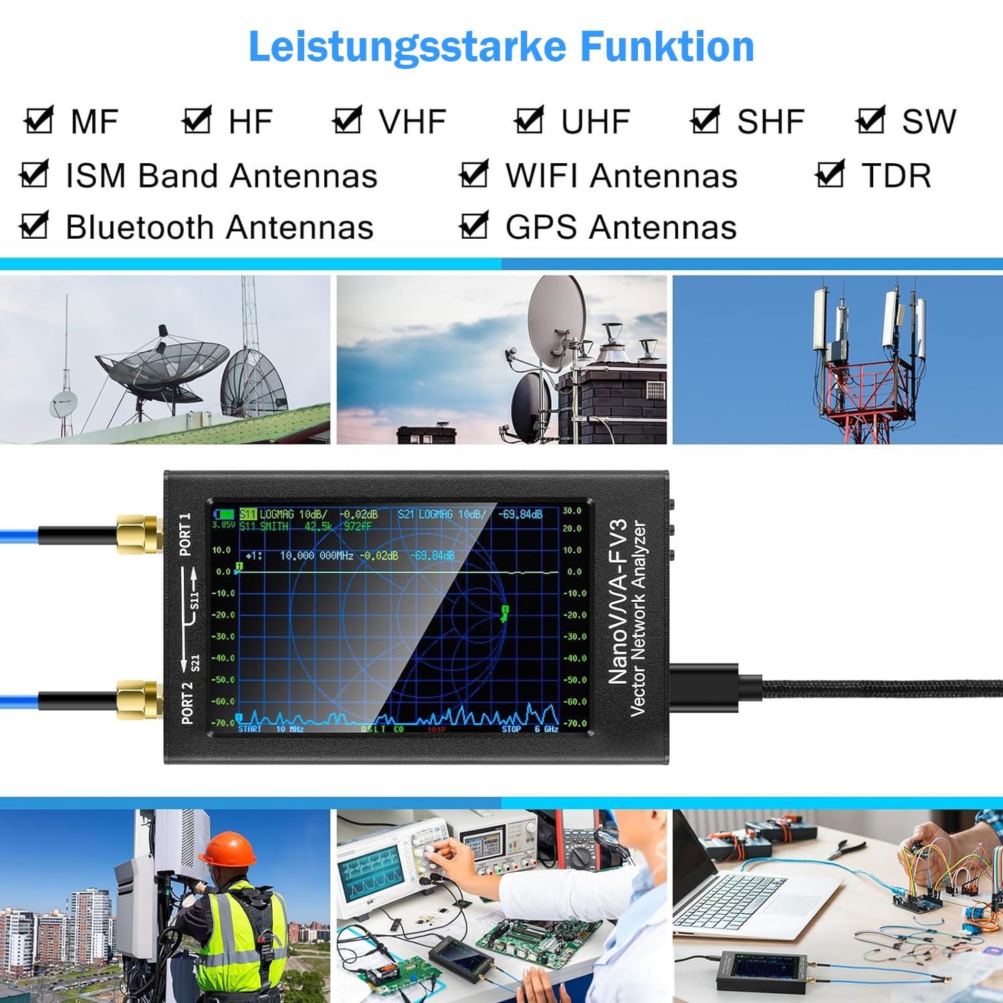 AURSINC Upgraded NanoVNA-F V3 Vector Network Analyzer, 1MHz–6GHz, 4.3" Antenna Analyzer for Measuring S-Parameters, Standing Wave Ratio SWR, Phase, Delay, Smith Diagram