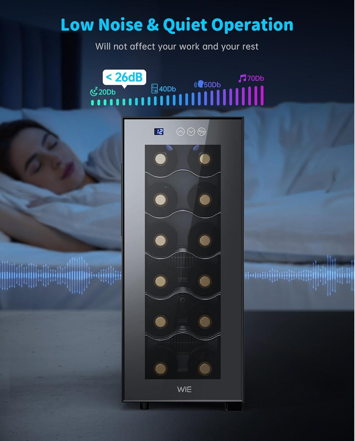 WIE Wijnkoelkast 1 zone 33 liter 12 flessen drankkoelkast wijnkast kleine wijnkoelkast mini met glazen deur volledig glazen designdeur met LED-touchpanel anti-UV wijnkoelkast
