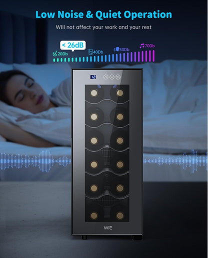 WIE Wijnkoelkast 1 zone 33 liter 12 flessen drankkoelkast wijnkast kleine wijnkoelkast mini met glazen deur volledig glazen designdeur met LED-touchpanel anti-UV wijnkoelkast