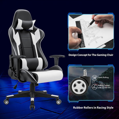Homall Gamingstoel, bureaustoel, draaibare racestoel, computerstoel, pc-gamerstoel, ergonomisch ontwerp, zwaar belastbare stoel, hoge rugleuning ligstoel met kussen en rugsteun (wit)