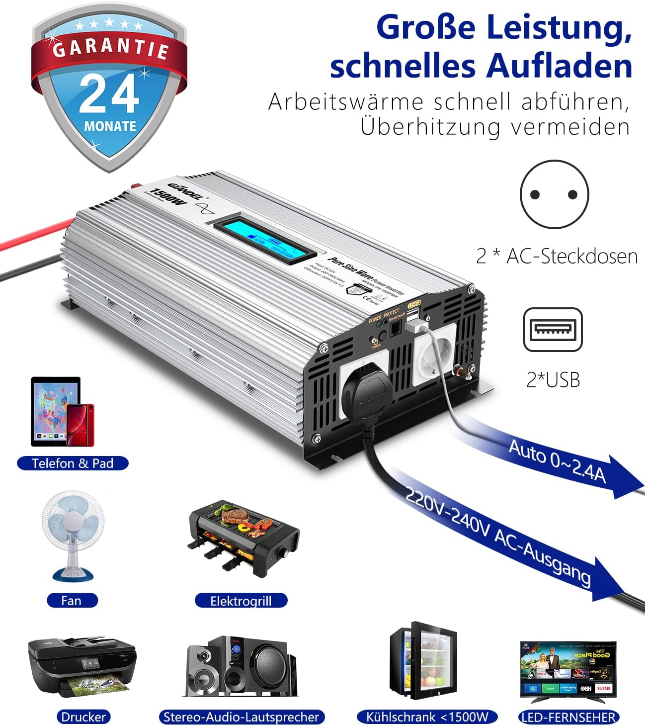 GIANDEL 1500 W zuivere sinus omvormer, DC 12 V naar AC 230 V, spanningsomvormer, power inverter met 2,4 A dubbele USB-poorten en afstandsbediening en lcd-display voor camper vrachtwagen