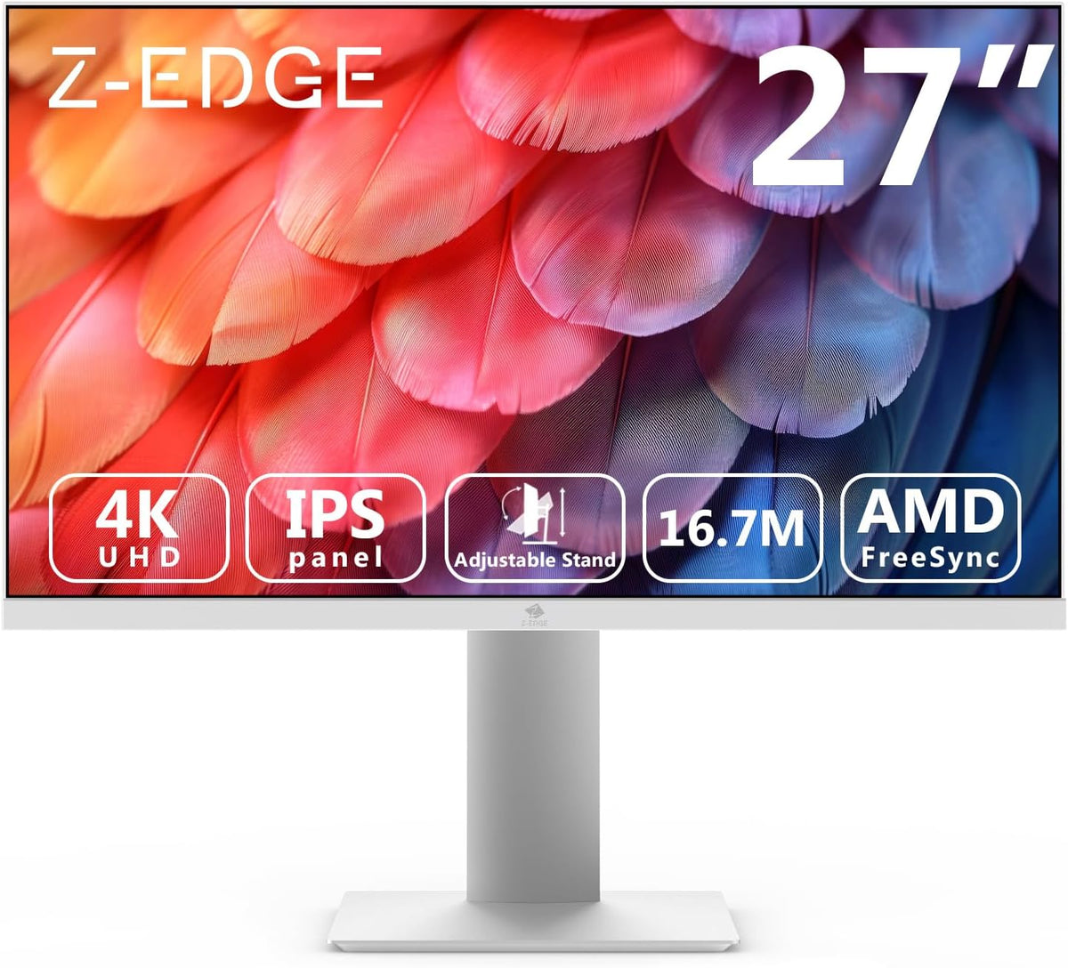 Z-Edge PC Monitor White 27'' IPS 4K UHD (3840x2160), FreeSync, 16:9 Desktop Monitor White, 60Hz, 5ms, 2*HDMI2.0 & 2*DP1.4, Adjustable Standard/Vertical/Horizontal/Rotary (DP Cable Included)
