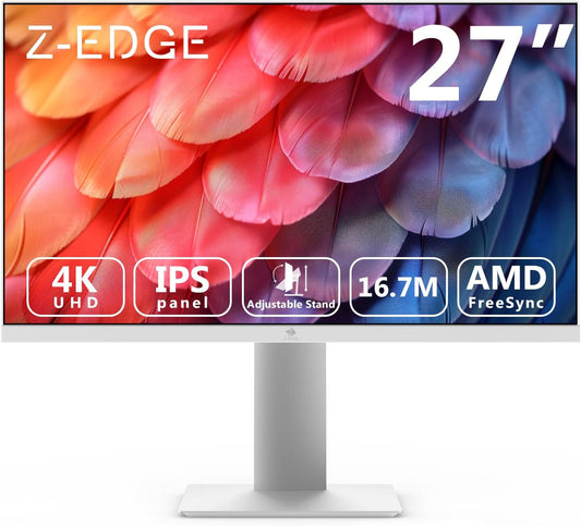 Z-Edge PC Monitor White 27'' IPS 4K UHD (3840x2160), FreeSync, 16:9 Desktop Monitor White, 60Hz, 5ms, 2*HDMI2.0 & 2*DP1.4, Adjustable Standard/Vertical/Horizontal/Rotary (DP Cable Included)