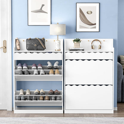 Schoenenkast wit met 2 kleppen en 1 lade, hoge houten schoenenkast met open vak, 5 haken, schoenenrek, schoenenrek voor de ingang, hal, woonkamer