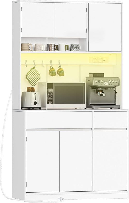 Hzuaneri Kitchen Cabinet, Buffet Cabinet, Tall Cabinet with Sockets and LED Light Strips, with Worktops and Two Drawers, Adjustable Shelves, Kitchen, 40 x 100 x 180 cm, White, PT00203XEU