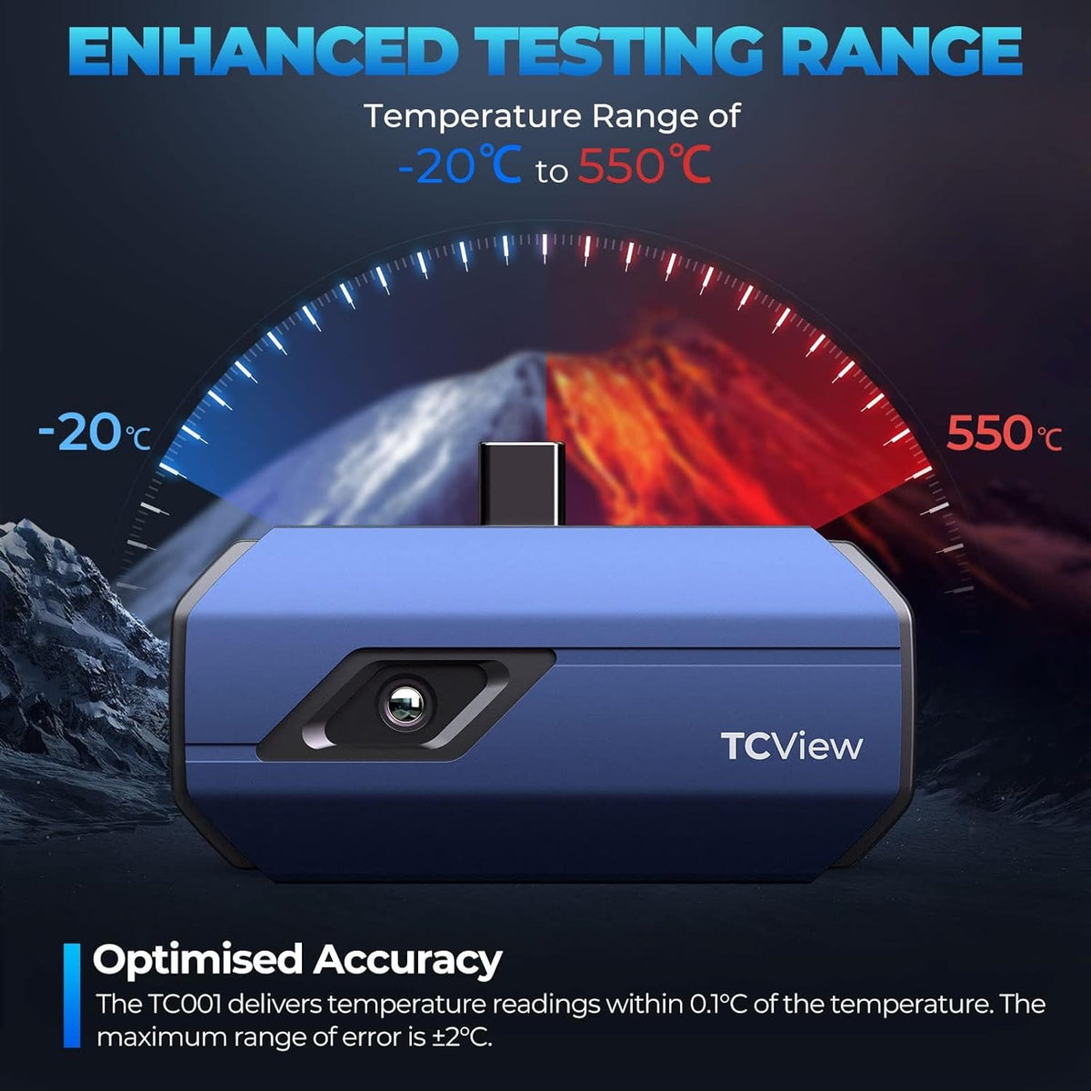 TOPDON TC001 Warmtebeeldcamera, 512x384 TISR-resolutie met secundaire analyse, <40mK warmtegevoeligheid, 25Hz, bereik -20 tot 550 °C, 0,1 °C nauwkeurig, voor Android telefoon/tablet/Windows laptop