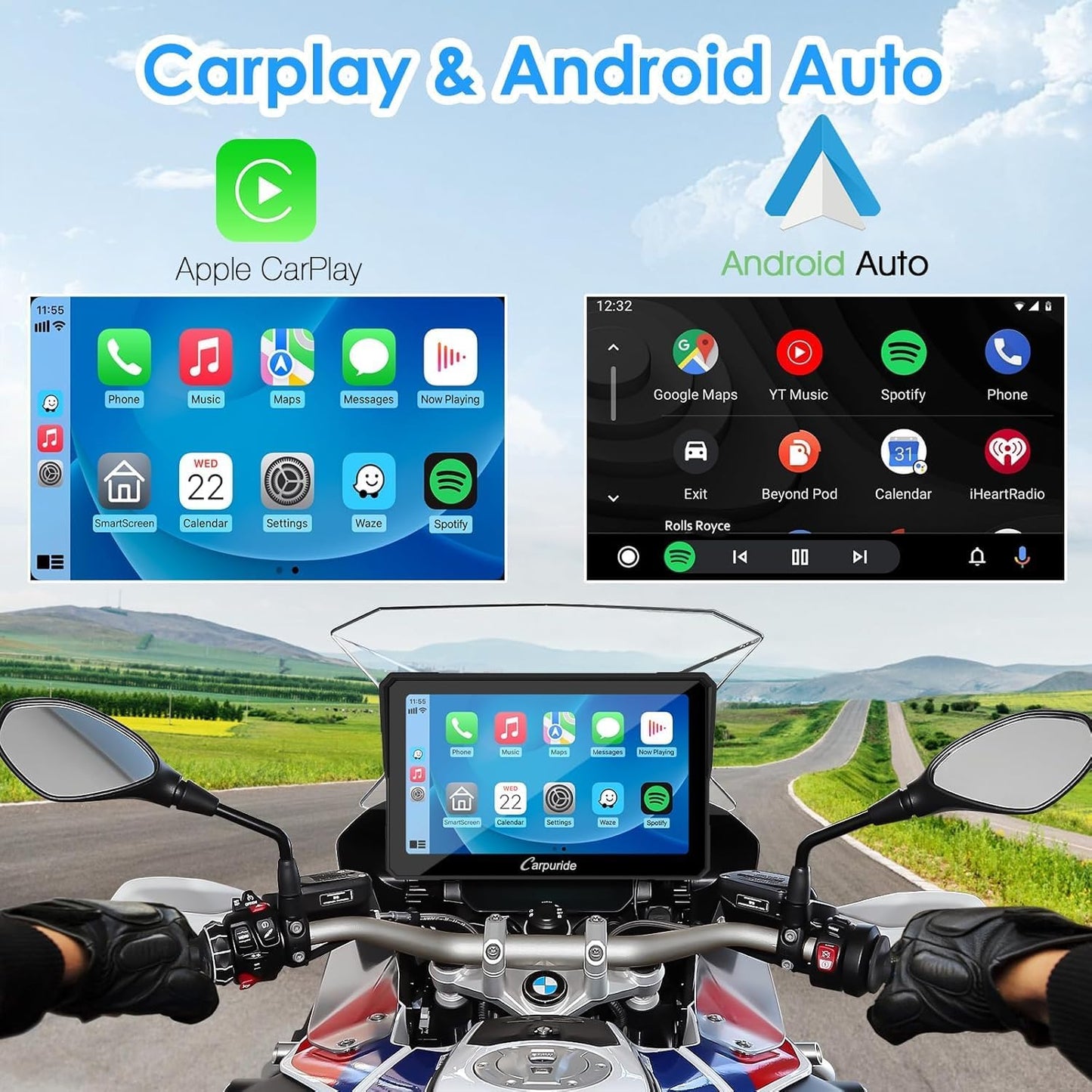 Carpuride W702B Motorfiets Carplay Scherm met Custom Mount voor BMW Motorbike, Wireless CarPlay en Android Auto, Draagbaar 7 inch Waterdicht Touchscreen, Dual Bluetooth, Navigatie, Siri.