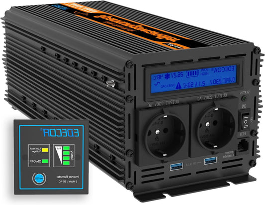 EDECOA 2000W Pure Sine Wave Inverter 24V to 230V Truck Voltage Converter 24V 230V 4000W Peak Power with LCD Display, 2 EU Power Outlets & 2 USB - QUORE