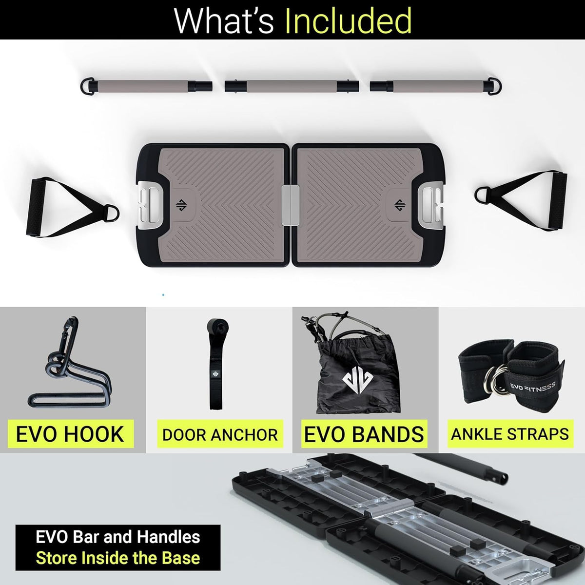EVO Gym - Portable Strength Training Equipment for Home Gym, Home Fitness Equipment | All in One Gym - Resistance Bands, Fitness Bar Base & Travel Handles | Portable - QUORE