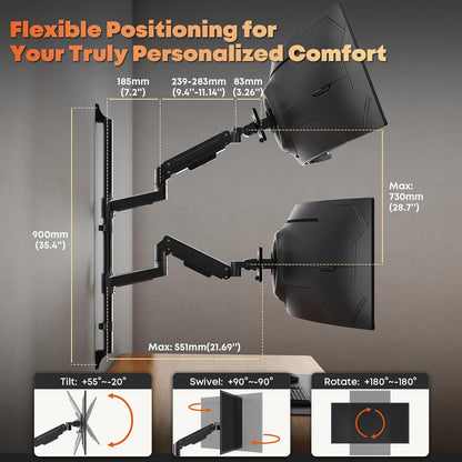 Dubbele monitor muurbevestiging voor 17-49 inch ultrabrede beeldschermen, volledig verstelbare gasveermonitorarm, houdt tot 20 kg per arm, VESA 75/100 mm, ruimtebesparende bureauoplossing voor kantoor