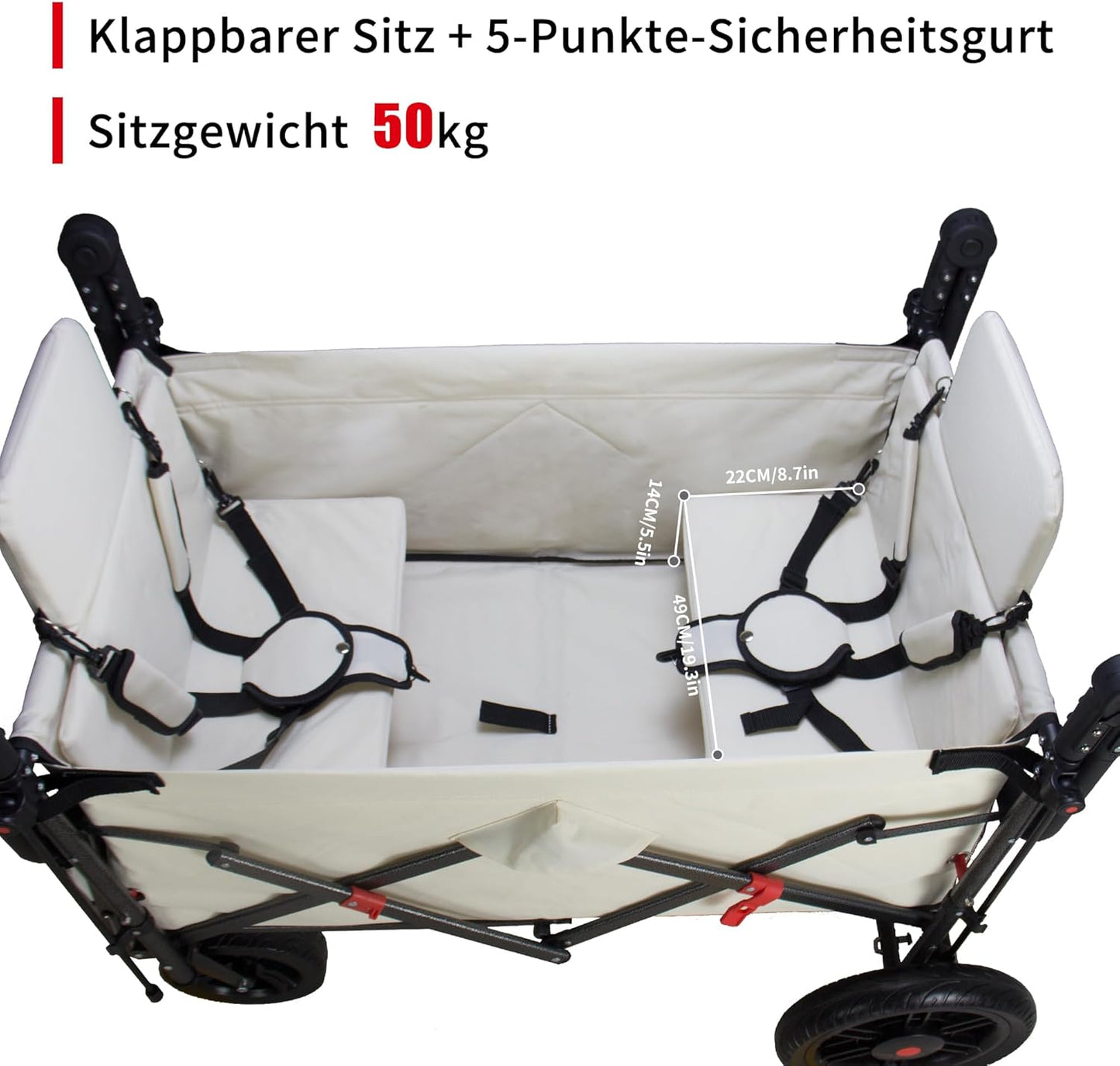 Bolderkar, inklapbaar, met 2 zitplaatsen en remmen, campingwagen voor uitstapjes, handwagen met 120 l grote opbergruimte, PU volle banden, tot 120 kg draagkracht (beige)