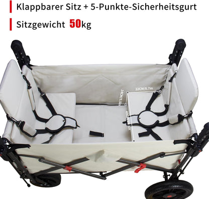 Bolderkar, inklapbaar, met 2 zitplaatsen en remmen, campingwagen voor uitstapjes, handwagen met 120 l grote opbergruimte, PU volle banden, tot 120 kg draagkracht (beige)
