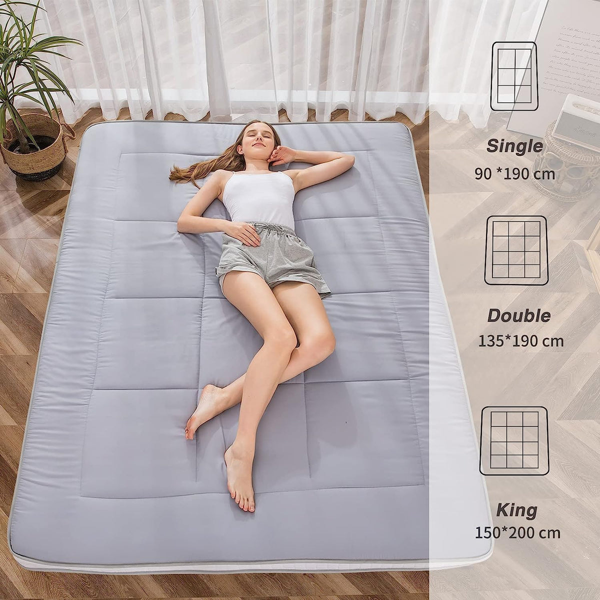 MAXYOYO Futonmatras, gewatteerd Japans vloermatras, gewatteerde matrasoplegger, extra dik, opvouwbaar, ademend, vloerligbed, logeerbed, voor campingbank, grijs, 90 x 190 cm
