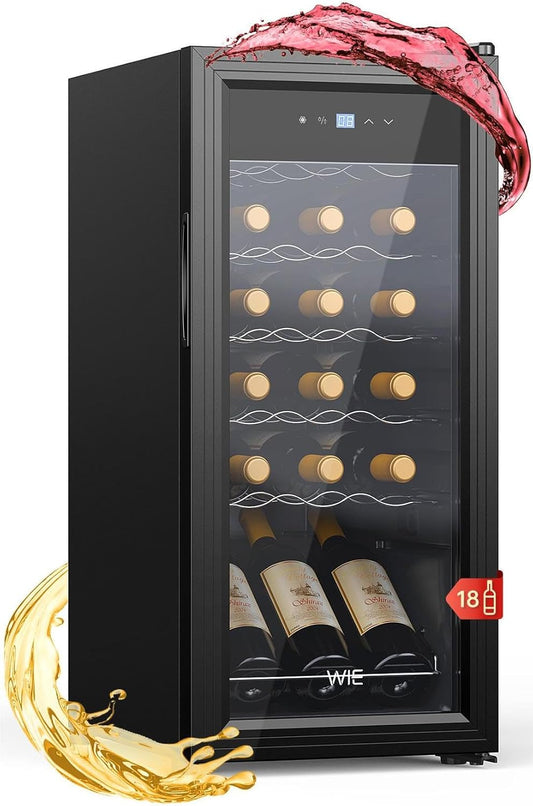 WIE Wijnkoelkast, mini-wijnkast, 18 flessen, kleine 53 liter, wijnkoelkast met glazen deur, binnen/buiten, flessenkoelkast met led-touchpaneel, anti-uv wijnkoelkast, 5-18 °C