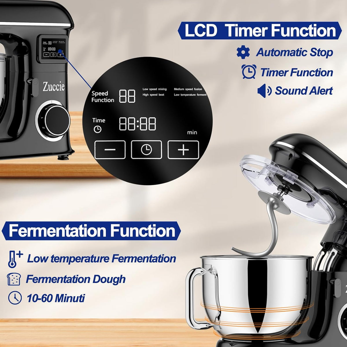 Planetaria Keukenmachine- Keukenrobot - Keukenmixer, 1500 W, 8 liter, planeetmachine, 6 snelheden, gisting en lcd-timing, multifunctionele professionele kneedmachine