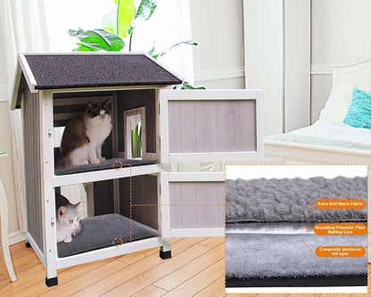 HiCaptain Weerbestendig kattenhuis voor buiten, 2 verdiepingen tellend wild kattenhuis met balkon en vluchtdeur, buiten houten schuilplaats voor kleine dieren, grijs