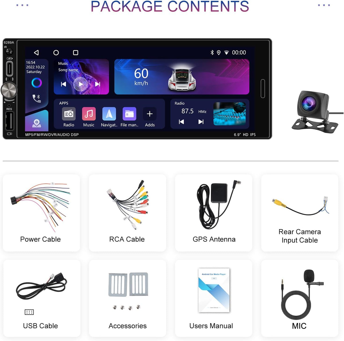 2 + 64 GB Android 1 Din autoradio Wireless Carplay Android Auto, 6,9 inch touchscreen Bluetooth Post Radio Auto met GPS WiFi EQ FM RDS radio, achteruitrijcamera