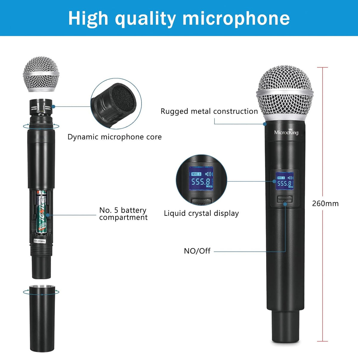 Draadloos microfoonsysteem – Draadloze microfoonset – UHF microfoonset – Karaoke microfoonset – 4-Kanaals Set Met 2 Handmicrofoons, 2 Bodypacks En 2 Headsets – Stabiele Vaste Frequentie – Metalen Behuizing