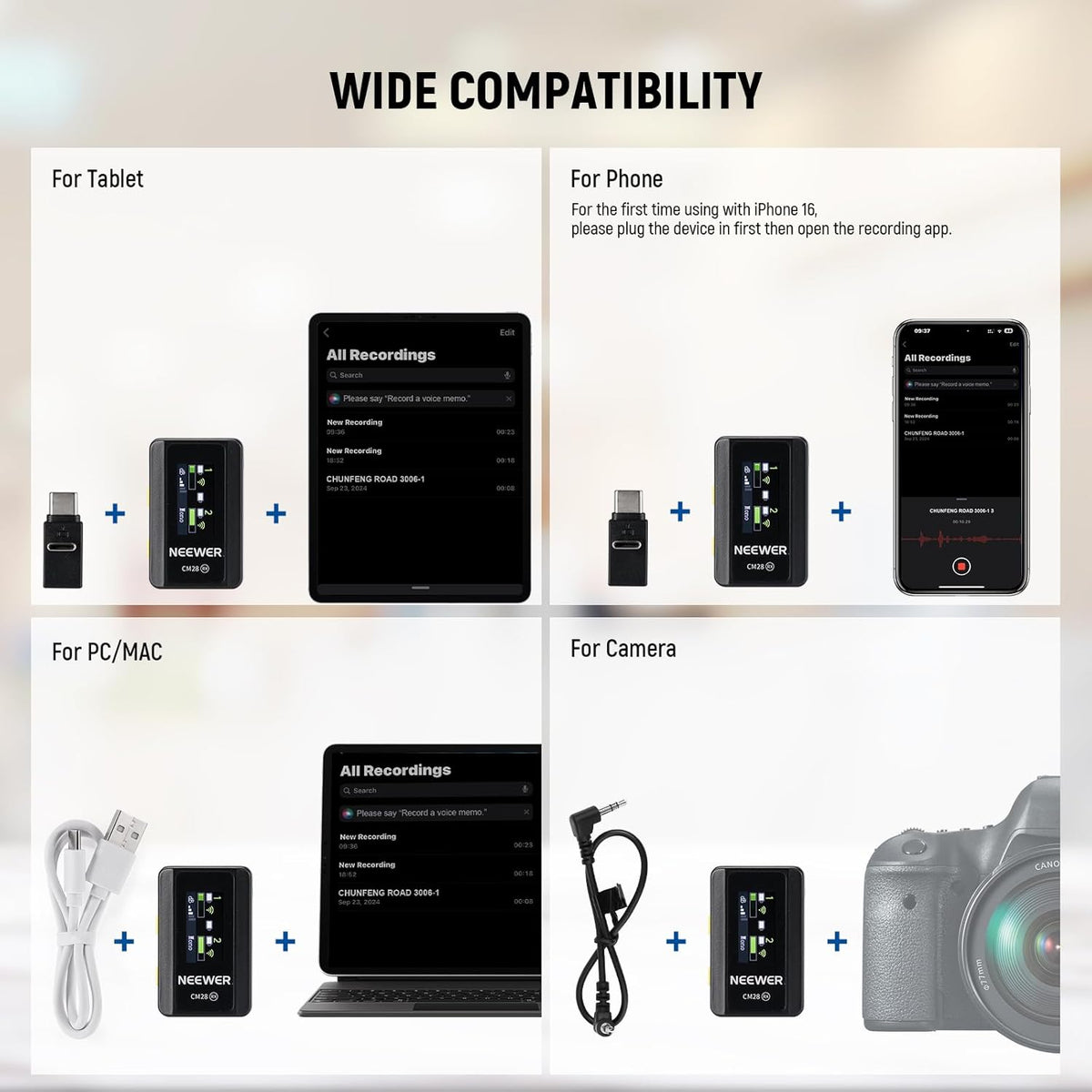 NEEWER CM28 Draadloos Lavalier microfoonsysteem met oplaadetui, 2 microfoonclips, 1 klik ruisonderdrukking, 4 GB geheugen, 9 uur speeltijd, microfoon compatibel met iPhone/Android/PC/camera/iPad
