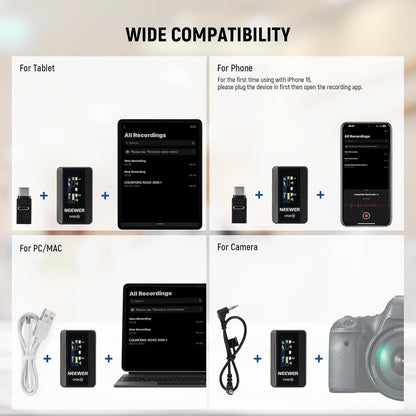 NEEWER CM28 Draadloos lavaliermicrofoonsysteem, 1 klik ruisonderdrukking, 4 GB geheugen voor 9 uur 48 kHz 16 bit niet-gecomprimeerde audio, microfoon compatibel met iPhone/Android/PC/camera/iPad